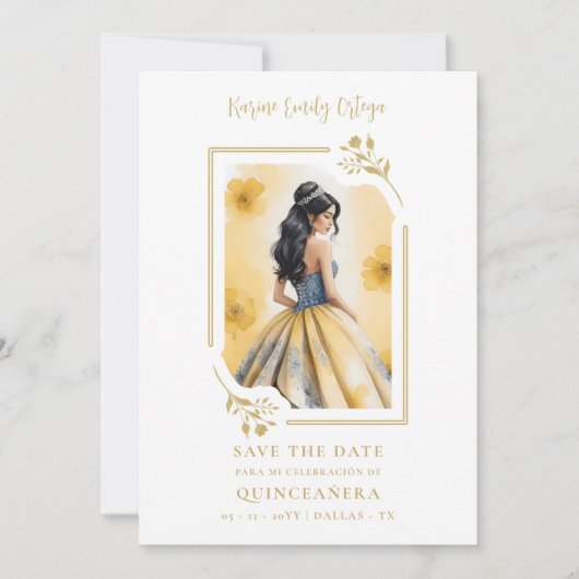 Spanish Elegant Quinceañera Yellow Doll Frame Save The Date (Vorderseite)