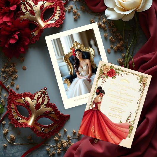 Spanish Exquisite Chic Quinceañera Masquerade Ball Folieneinladung