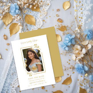 Spanish Exquisite Photo Quinceañera in Gold Floral Save The Date