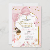 Spanish Girl Kneeling Pink Bow Primera Comunion Einladung (Vorderseite)