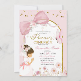 Spanish Girl Kneeling Pink Bow Primera Comunion Einladung