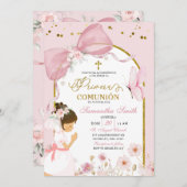 Spanish Girl Kneeling Pink Bow Primera Comunion Einladung (Vorne/Hinten)