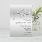 Spanish Glitzy Silver Wedding Rings Reception Einladung (Stehend Vorderseite)