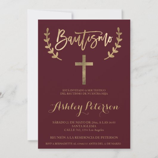 Spanish Gold burgundy red elegant script baptism Einladung (Vorderseite)