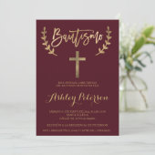 Spanish Gold burgundy red elegant script baptism Einladung (Stehend Vorderseite)
