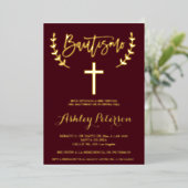 Spanish Gold burgundy red elegant script baptism Folieneinladung (Stehend vorne)