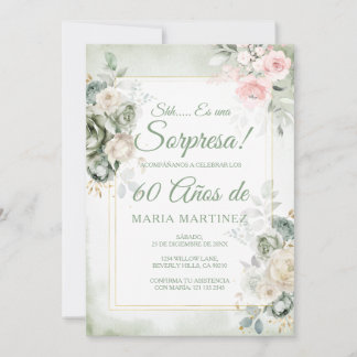 Spanish Green Floral Sorpresa 60 Años Birthday Einladung