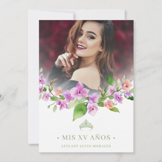 Spanish Green Princess Crown & Garland Mis XV Años Einladung (Vorderseite)