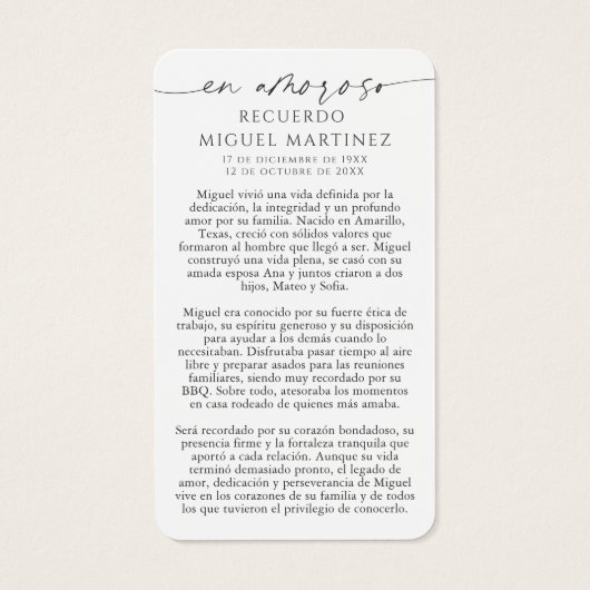 Spanish Guadalupe In Loving Memory Prayer Card (Rückseite)