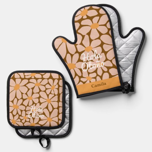 Spanish Hello Autumn Fall Vibes Personalisieren Ofenhandschuh & Topflappen-Set (Vorderseite/Rückseite)