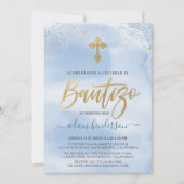 Spanish Invitacion De Bautizo Blue Watercolor Einladung (Vorderseite)