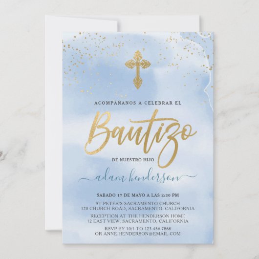 Spanish Invitacion De Bautizo Blue Watercolor Einladung (Vorderseite)