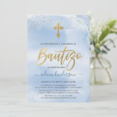 Spanish Invitacion De Bautizo Blue Watercolor Einladung (Stehend Vorderseite)