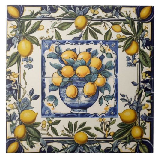 Spanish Lemons in Vase Pot Blue & White Fliese (Vorderseite)