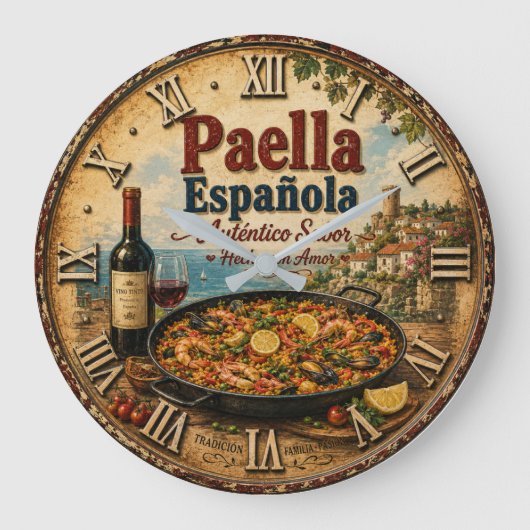 Spanish Paella Rustic Mediterranean Kitchen Große Wanduhr (Vorderseite)