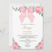 Spanish Pink bow florals girl Baptism Einladung (Vorderseite)