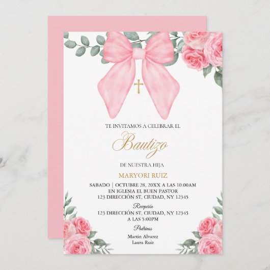 Spanish Pink bow florals girl Baptism Einladung (Vorne/Hinten)