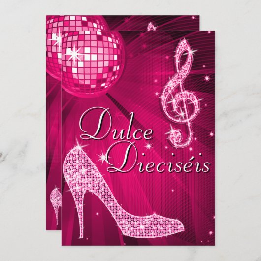 Spanish Pink Disco Ball & Sparkle Heels Sweet 16 Einladung (Vorne/Hinten)