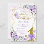 SPANISH Purple Butterfly Bautizo Y Primer Anito Einladung (Vorderseite)