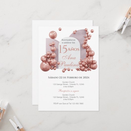Spanish Quinceañera Pink Balloons Invitation Einladung (Vorderseite/Rückseite Beispiel)