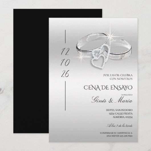Spanish Silver Wedding Rings Rehearsal Dinner Einladung (Vorne/Hinten)