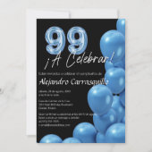 Spanish Stylish Blue Balloons Black 99. Geburtstag Einladung (Vorderseite)