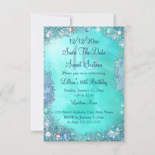 Sparen Sie das Datum Türkis Ozean Juwel Sweet 16 Save The Date