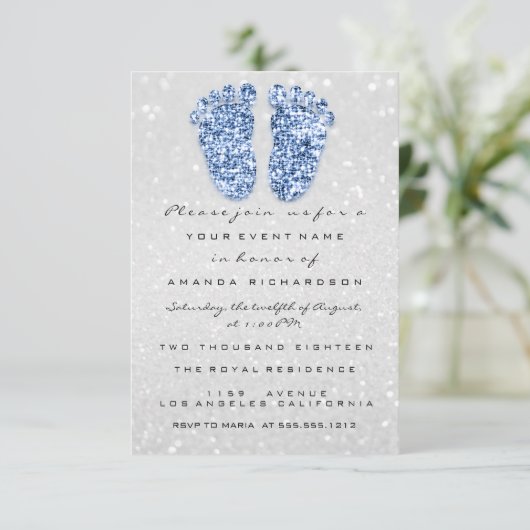 Spark Glitzer Babydusche Feet Blue Silver Park Einladung (Stehend Vorderseite)