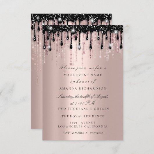 Spark Glitzer Black Tropfens Rose Brautparty Einladung (Vorne/Hinten)