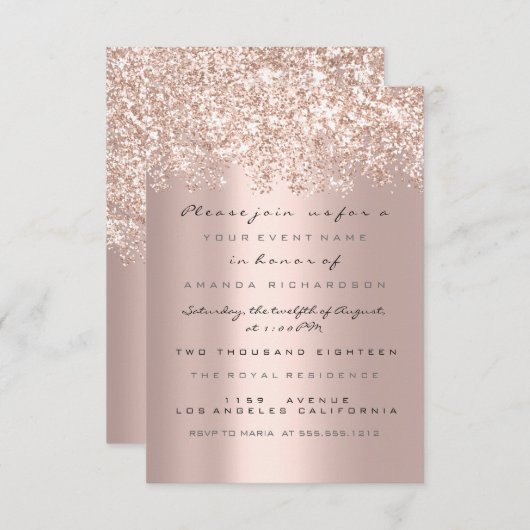 Spark Glitzer Glam Rose Brautparty Sweet 16. Einladung (Vorne/Hinten)