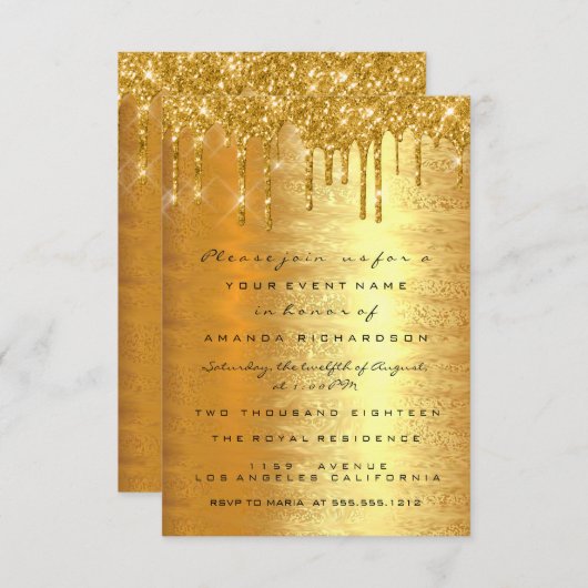 Spark Glitzer Gold Tropfen Hochzeitsfeier Elegante Einladung (Vorne/Hinten)