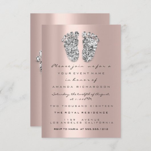 Spark Glitzer Kinderdusche Feet Rose Gray Girl Boy Einladung (Vorne/Hinten)