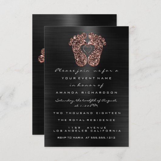 Spark Glitzer Kinderdusche Feet Rose Skin Black Einladung (Vorne/Hinten)