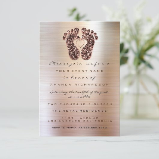 Spark Glitzer Kinderdusche Feet Rose Skinny Lux Einladung (Stehend Vorderseite)