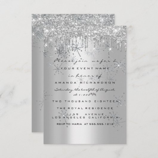 Spark Glitzer Rose Silver Bridal Sweet 16 Snow Einladung (Vorne/Hinten)