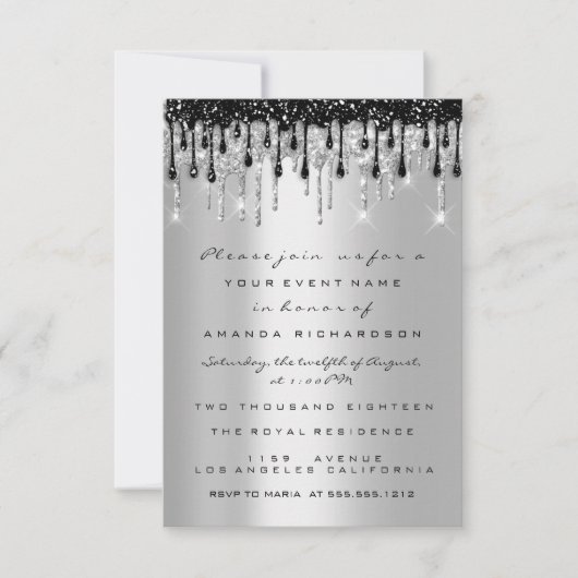 Spark Glitzer Silver Black Tropfen Bridal Sweet 16 Einladung (Vorderseite)