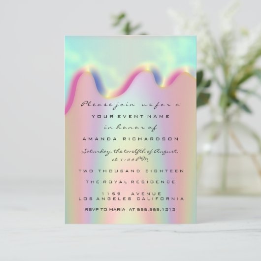 Spark Glitzer Tropfen Holographic Bridal Sweet 16. Einladung (Stehend Vorderseite)