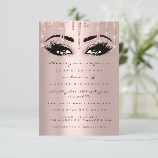 Spark Glitzer Tropfen Rose Eyelash Förmliche Einla Einladung (Stehend Vorderseite)