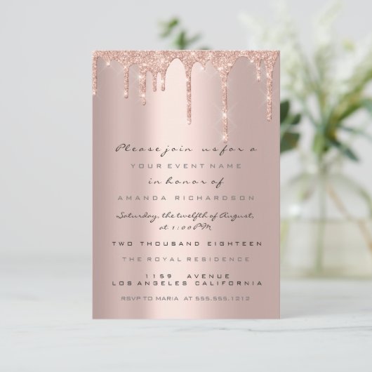 Spark Glitzer Tropfen Rose Gold formelle Einladung (Stehend Vorderseite)