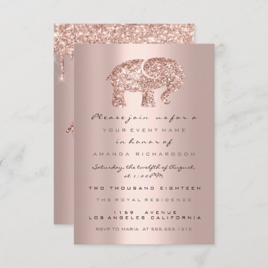 Spark Glitzer Tropfen Rose Kinderdusche Elefant Einladung (Vorne/Hinten)