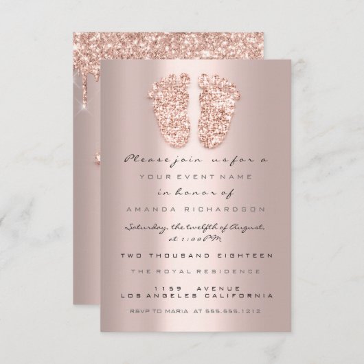 Spark Glitzer Tropfen Rose VIP Kinderdusche Feet Einladung (Vorne/Hinten)