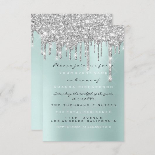 Spark Glitzer Tropfen Silver Aqua Bridal Sweet 16. Einladung (Vorne/Hinten)