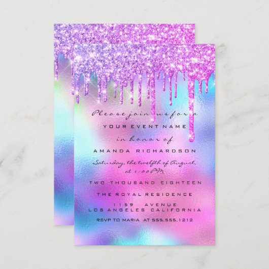 Spark Glitzer Tropfen Silver Einicorn Pink Bride 1 Einladung (Vorne/Hinten)