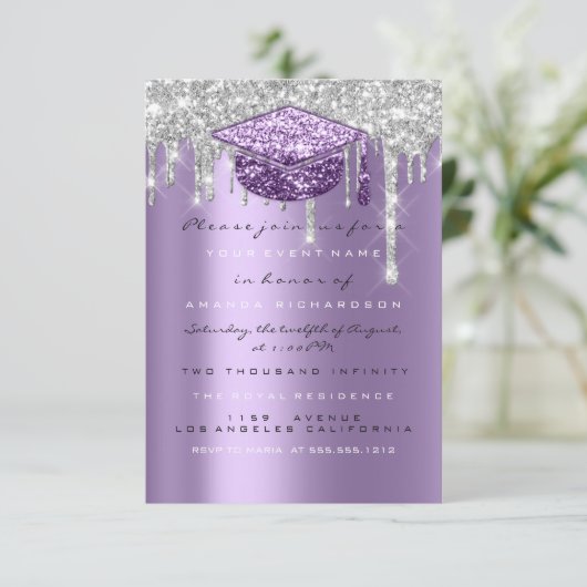 Spark Glitzer Tropfen Silver Lila Gray Graduate I Einladung (Stehend Vorderseite)