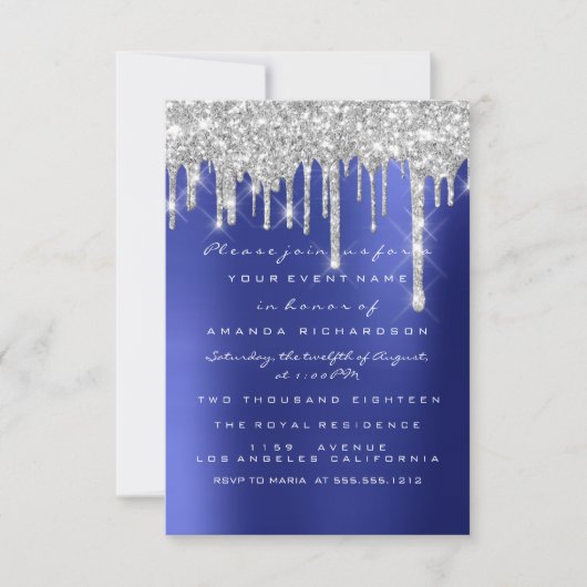 Spark Glitzer Tropfen Silver Navy Bridal Sweet 16. Einladung (Vorderseite)
