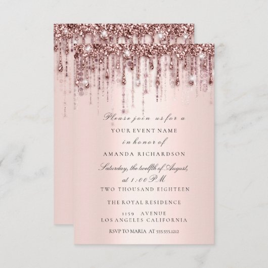 Spark Glitzer Tropfens Rose Brautparty Swert16. Einladung (Vorne/Hinten)