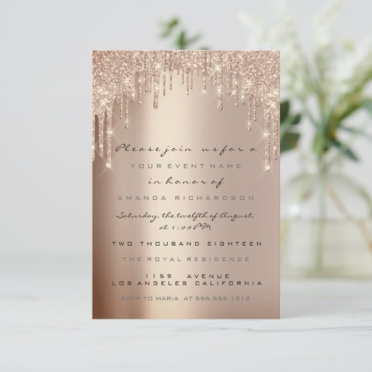 Spark Glitzer Tropfens Rose Lux Bridal Sweet 16. Einladung (Stehend Vorderseite)