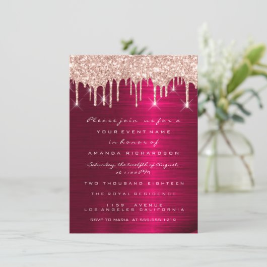 Spark Glitzer Tropfens Rose Rote Marsala Bridal 16 Einladung (Stehend Vorderseite)