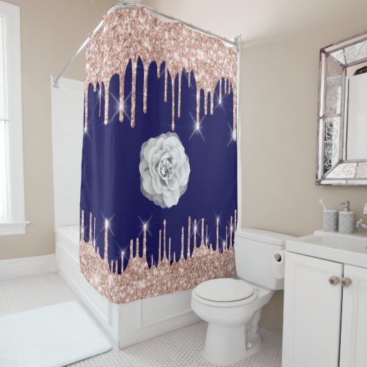 Spark Tropfens Glitzer Effekt Blue Navy Rose Blume Duschvorhang (Beispiel)