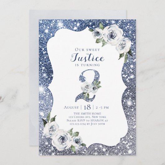 Sparkblauer Glitzer und Blumengebäck 2. Einladung (Vorne/Hinten)